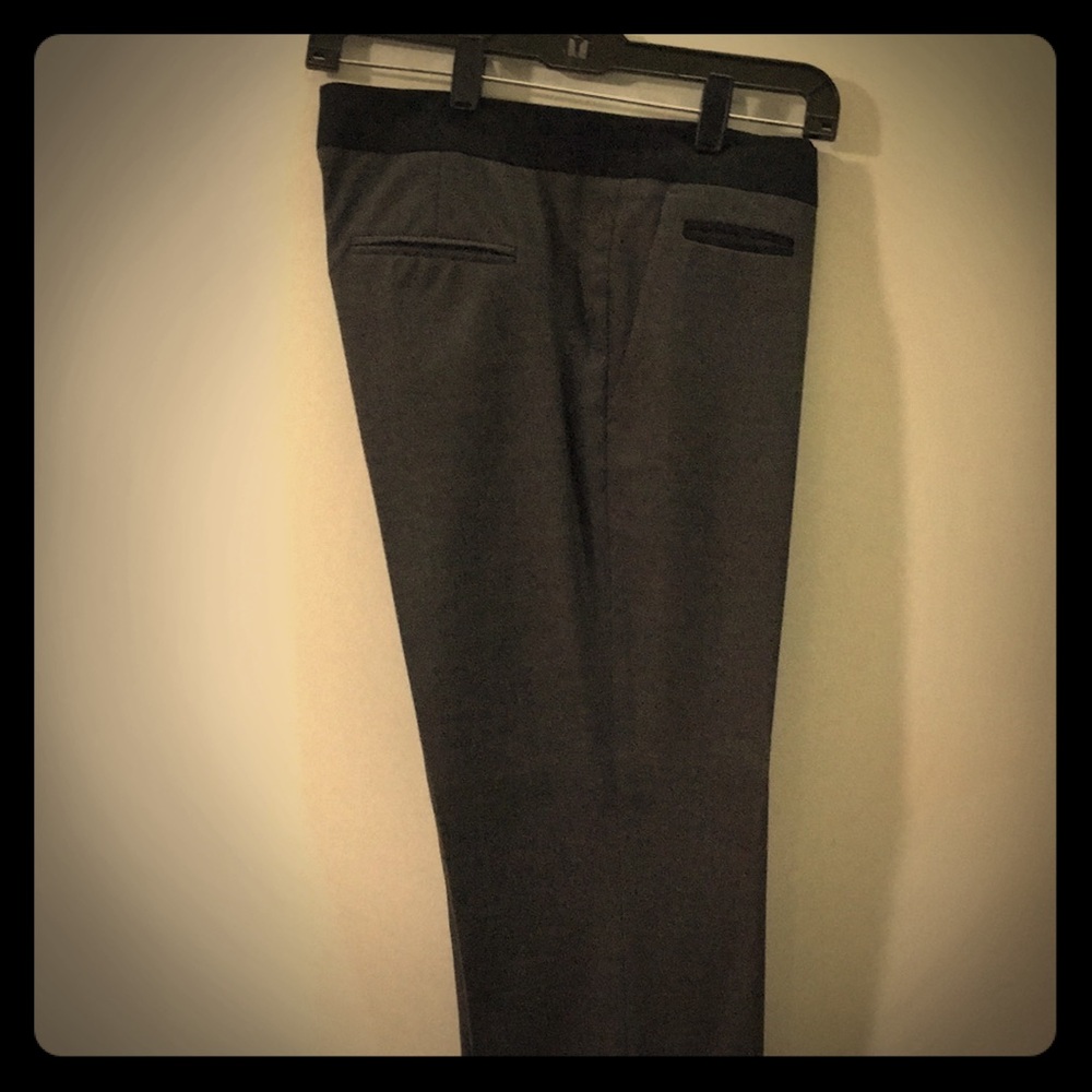 Grey slacks with black tuxedo style waist